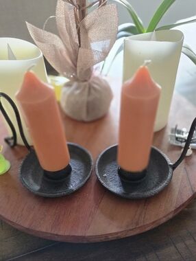 Set Of Two Vintage Candle Holders With Tapered Burnt Orange Candles